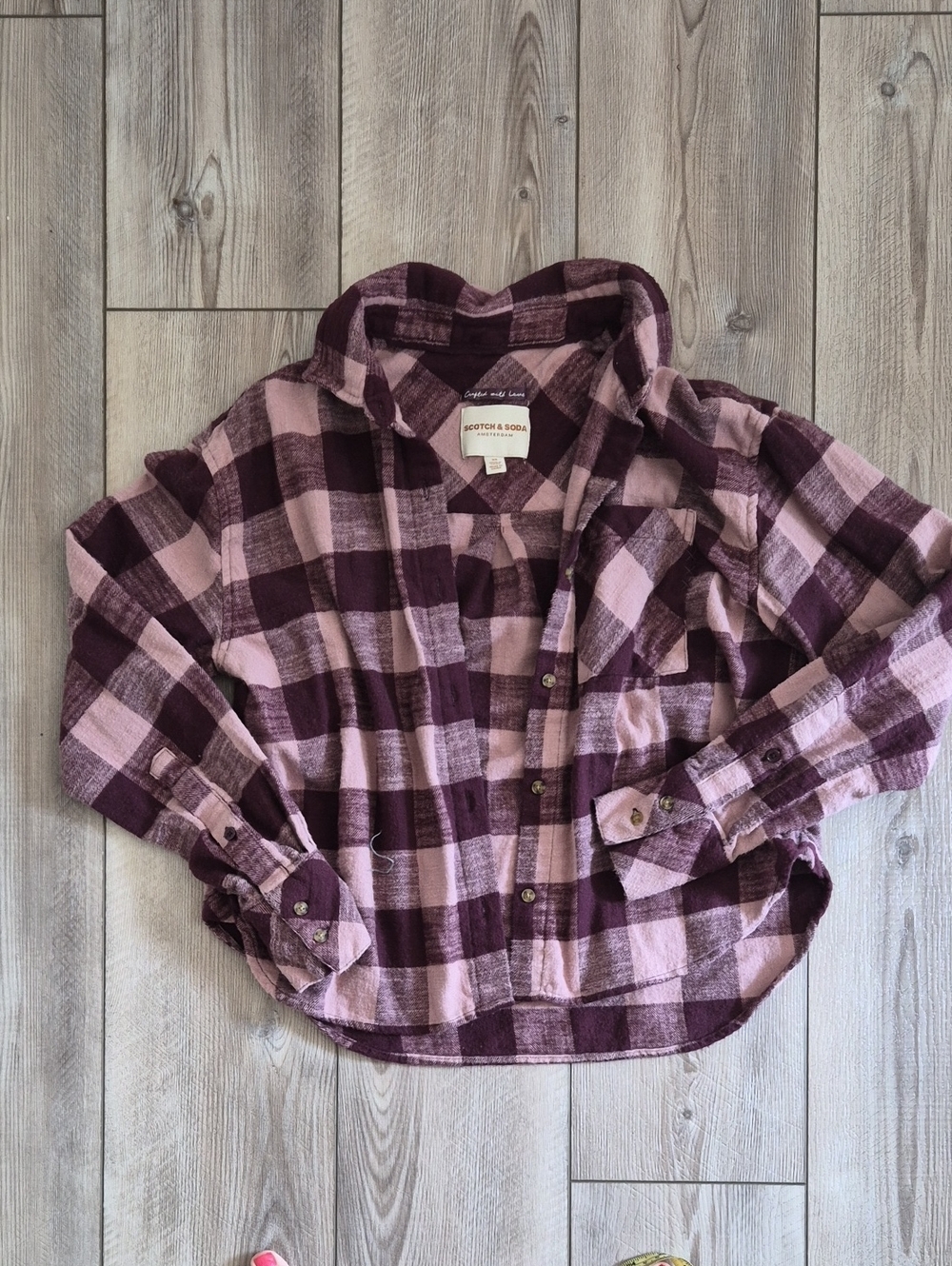 Scotch and Soda Amsterdam Buffalo Plaid Cropped Flannel Shirt Plum Rose XS